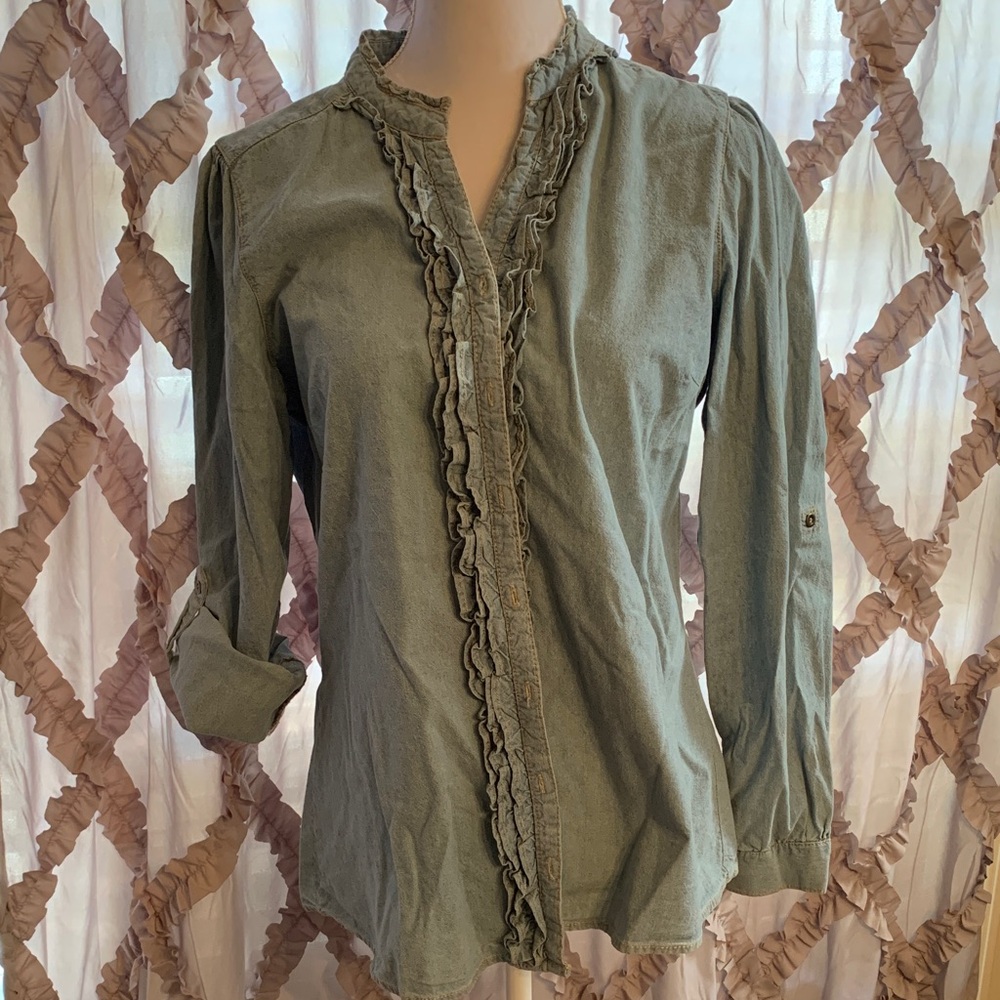 Art And Soul Women's Ruffled Button Down Shirt - Denim